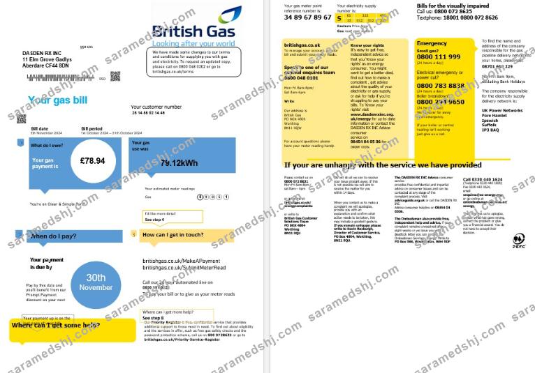 United Kingdom British Gas business utility bill template in Word and PDF formats fully editable (2 pages) version 1